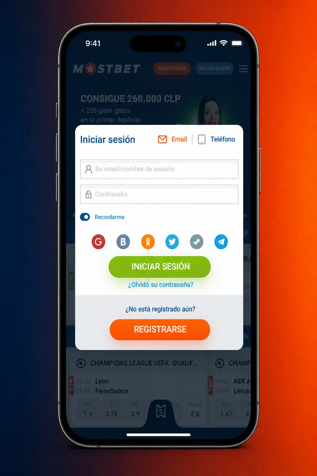 Pantalla de inicio de sesión de Mostbet en app para Android y iOS con acceso rápido al perfil