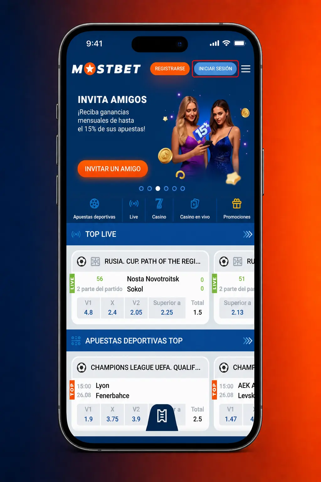 Pantalla de inicio de sesión de Mostbet en app móvil para Android y iOS con acceso rápido al perfil