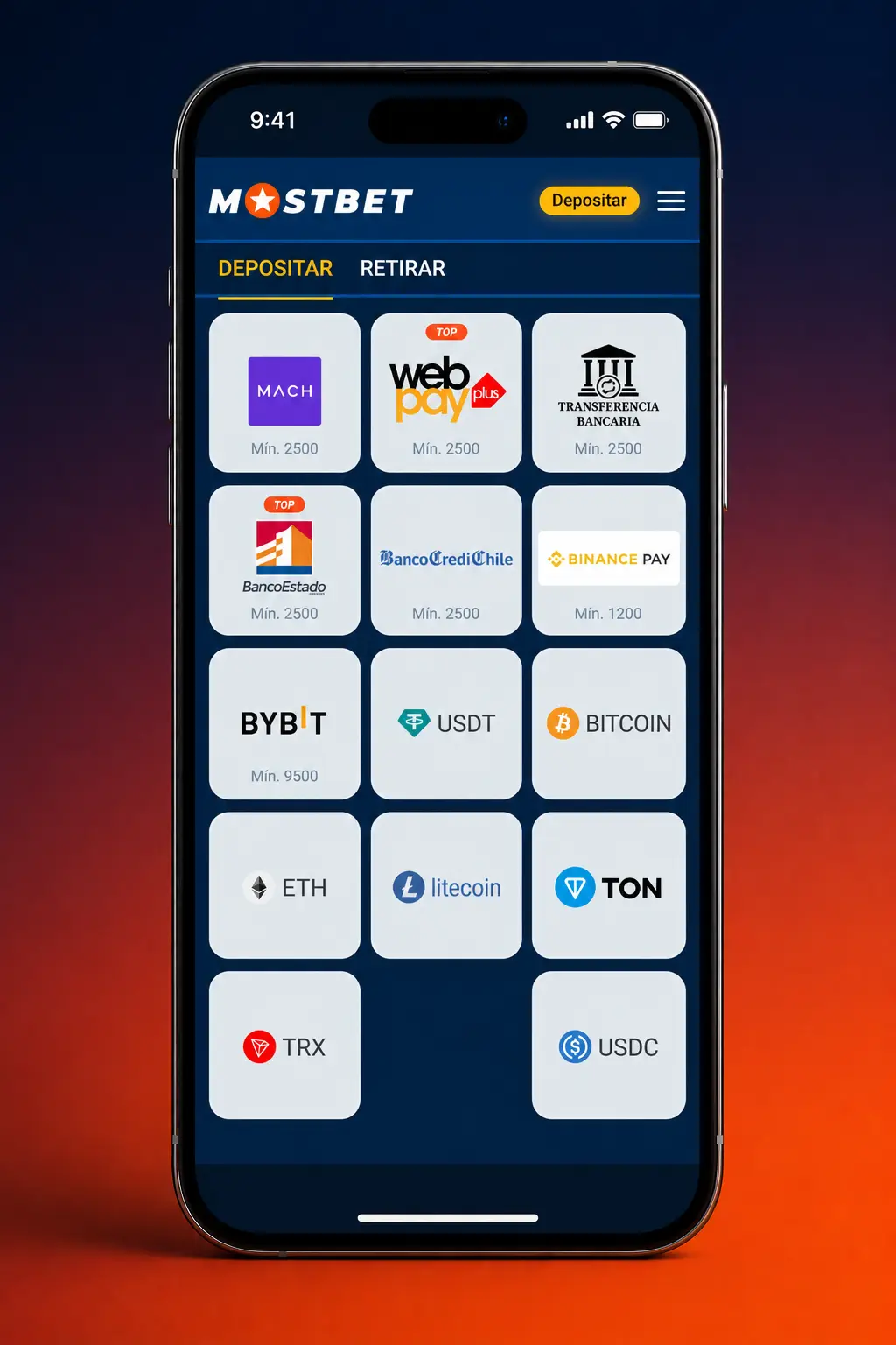 Pantalla de depósito en la app de Mostbet Chile con métodos de pago y monto mínimo de 1.000 CLP