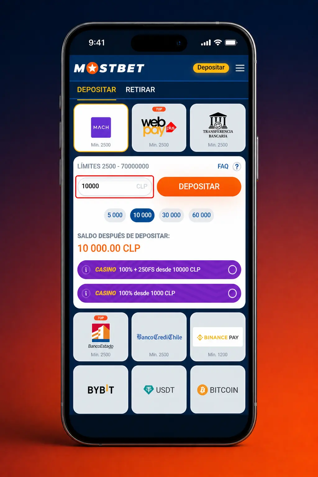 Depósito en la app de Mostbet Chile con WebPay, Mach, banco y criptomonedas desde 1.000 CLP