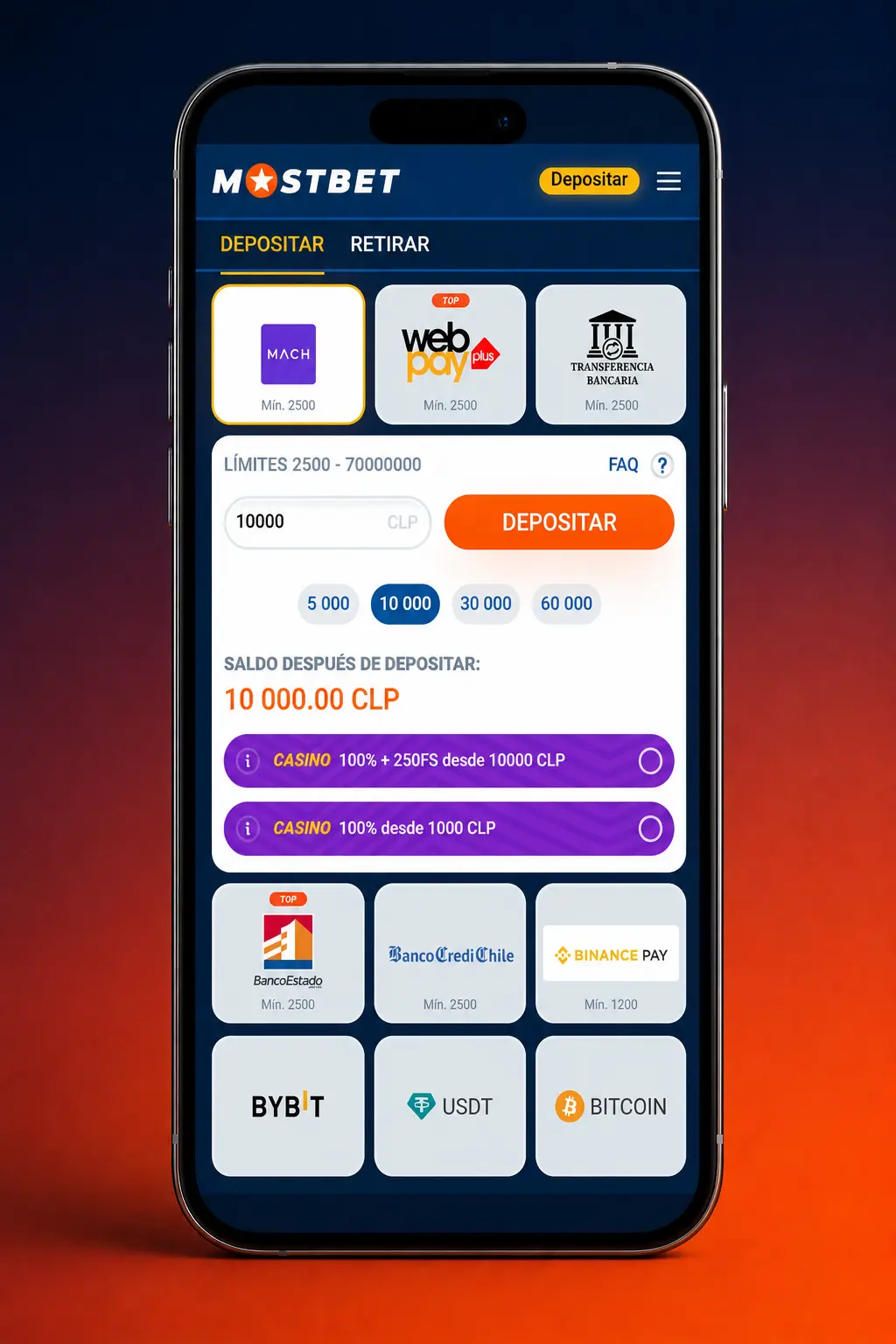 Pantalla de depósito en la app Mostbet Chile con métodos de pago y monto mínimo de 1.000 CLP