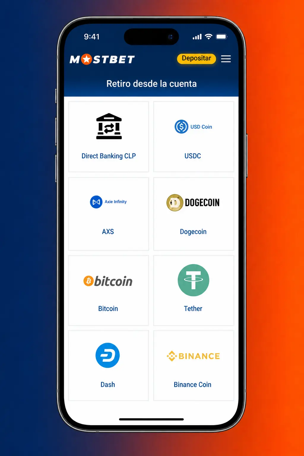 Pantalla de retiro de dinero en la app de Mostbet con saldo disponible, métodos de pago y monto en CLP